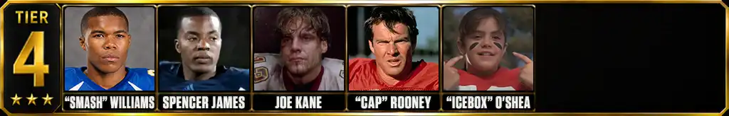 Tier 4 best fictional football players ever featuring “Smash” Williams, Spencer James, Joe Kane, “Cap” Rooney, and “Icebox” O’Shea
