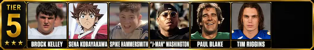 Tier 5 best fictional football players ever featuring Brock Kelley, Sena Kobayakawa, Spike Hammersmith, “J-Man” Washington, Paul Blake, and Tim Riggins