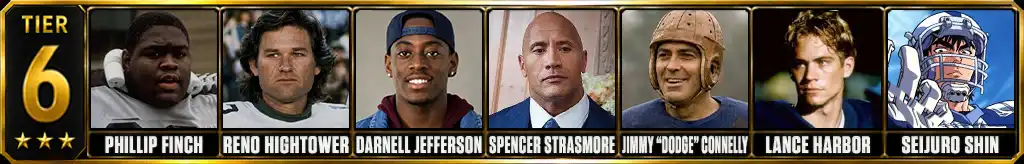 Tier 6 best fictional football players ever featuring Phillip Finch, Reno Hightower, Darnell Jefferson, Spencer Strasmore, Jimmy “Dodge” Connelly, Lance Harbor, and Seijuro Shin