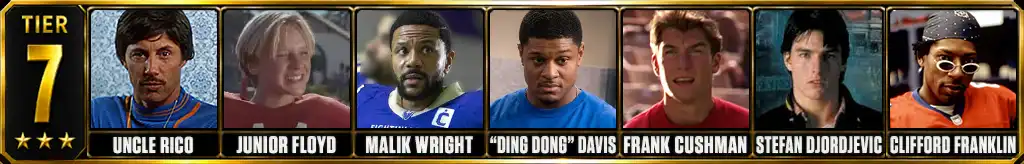 Tier 7 best fictional football players ever featuring Uncle Rico, Junior Floyd, Malik Wright, “Ding Dong” Davis, Frank Cushman, Stefan Djordjevic, and Clifford Franklin