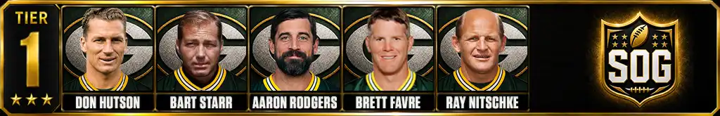 Tier 1 best Green Bay Packers Players of all-time featuring Don Hutson, Bart Starr, Aaron Rodgers, Brett Favre, and Ray Nitschke