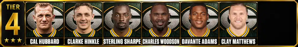 Tier 4 best Green Bay Packers Players of all-time featuring Cal Hubbard, Clarke Hinkle, Sterling Sharpe, Charles Woodson, Davante Adams, and Clay Matthews