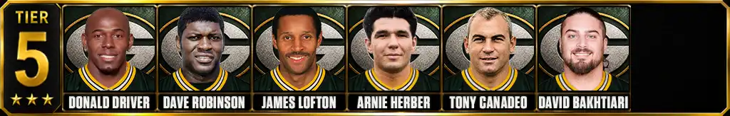 Tier 5 best Green Bay Packers Players of all-time featuring Donald Driver, Dave Robinson, James Lofton, Arnie Herber, Tony Canadeo, and David Bakhtiari