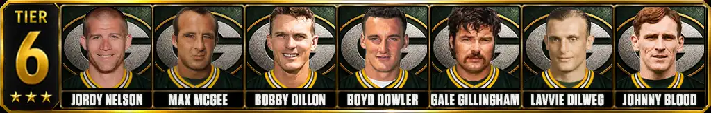 Tier 6 best Green Bay Packers of all-time featuring Jordy Nelson, Max McGee, Bobby Dillon, Boyd Dowler, Gale Gillingham, Lavvie Dilweg, and Johnny Blood