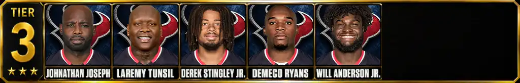 Tier 3 best Houston Texans Players of all-time featuring Johnathan Joseph, Laremy Tunsil, Derek Stingley Jr., DeMeco Ryans, and Will Anderson Jr.