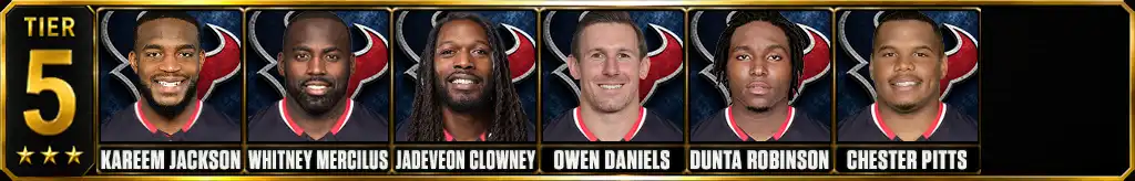 Tier 5 best Houston Texans Players of all-time featuring Kareem Jackson, Whitney Mercilus, Jadeveon Clowney, Owen Daniels, Dunta Robinson, and Chester Pitts
