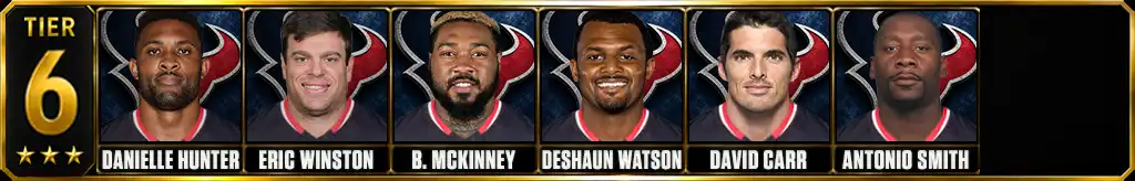 Tier 6 best Houston Texans Players of all-time featuring Danielle Hunter, Eric Winston, Benardrick McKinney, Deshaun Watson, David Carr, and Antonio Smith