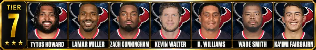 Tier 7 best Houston Texans Players of all-time featuring Tytus Howard, Lamar Miller, Zach Cunningham, Kevin Walter, Domanick Williams, Wade Smith, and Ka'imi Fairbairn