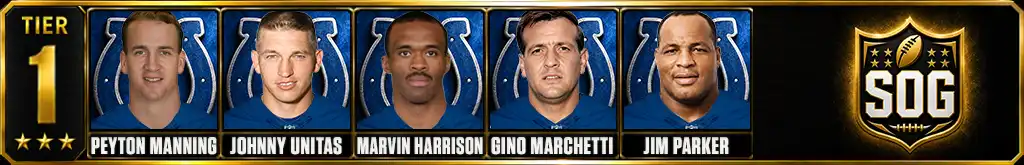 Tier 1 best Indianapolis Colts Players of all-time featuring Peyton Manning, Johnny Unitas, Marvin Harrison, Gino Marchetti, and Jim Parker