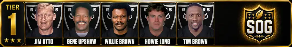 Tier 1 best Las Vegas Raiders of all-time featuring Jim Otto, Gene Upshaw, Willie Brown, Howie Long, and Tim Brown