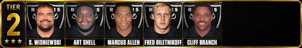 Tier 2 best Las Vegas Raiders of all-time featuring Steve Wisniewski, Art Shell, Marcus Allen, Fred Biletnikoff, and Cliff Branch