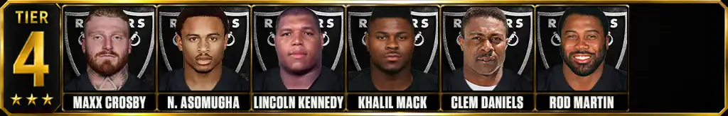 Tier 4 best Las Vegas Raiders of all-time featuring Maxx Crosby, Nnamdi Asomugha, Lincoln Kennedy, Khalil Mack, Clem Daniels, and Rod Martin