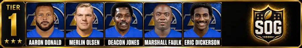Tier 1 best Los Angeles Rams Players of all-time featuring Aaron Donald, Merlin Olsen, Deacon Jones, Marshall Faulk, and Eric Dickerson