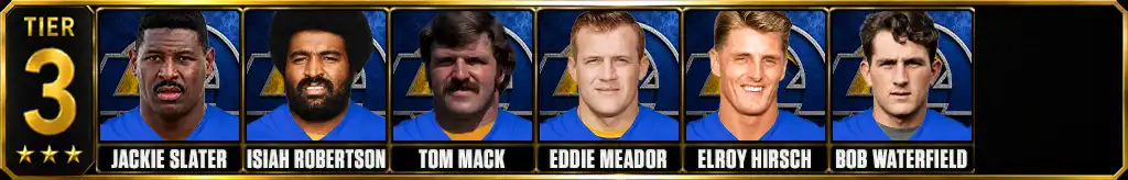 Tier 3 best Los Angeles Rams Players of all-time featuring Jackie Slater, Isiah Robertson, Tom Mack, Eddie Meador, Elroy Hirsch, and Bob Waterfield
