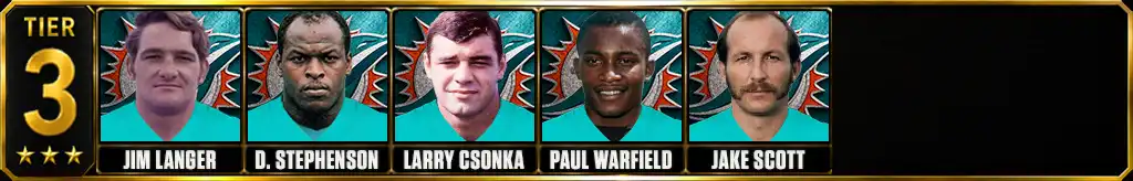 Tier 3 best Miami Dolphins of all-time featuring Jim Langer, Dwight Stephenson, Larry Csonka, Paul Warfield, and Jake Scott