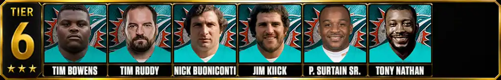 Tier 6 best Miami Dolphins of all-time featuring Tim Bowens, Tim Ruddy, Nick Buoniconti, Jim Kiick, Patrick Surtain Sr., and Tony Nathan