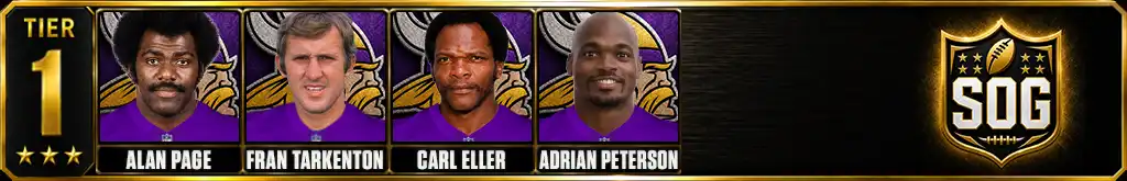 Tier 1 best Minnesota Vikings Players of all-time featuring Alan Page, Fran Tarkenton, Carl Eller, and Adrian Peterson