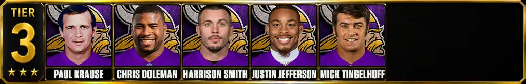 Tier 3 best Minnesota Vikings Players of all-time featuring Paul Krause, Chris Doleman, Harrison Smith, Justin Jefferson, and Mick Tingelhoff