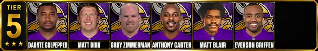 Tier 5 best Minnesota Vikings Players of all-time featuring Daunte Culpepper, Matt Birk, Gary Zimmerman, Anthony Carter, Matt Blair, and Everson Griffen