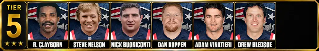 Tier 5 best New England Patriots of all-time featuring Raymond Clayborn, Steve Nelson, Nick Buoniconti, Dan Koppen, Adam Vinatieri, and Drew Bledsoe