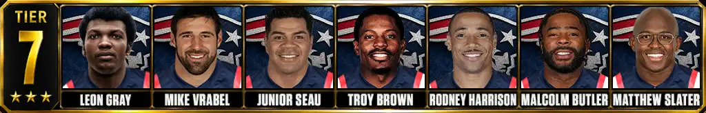 Tier 7 best New England Patriots of all-time featuring Leon Gray, Mike Vrabel, Junior Seau, Troy Brown, Rodney Harrison, Malcolm Butler, and Matthew Slater