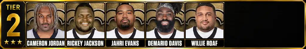 Tier 2 best New Orleans Saints of all-time featuring Cameron Jordan, Rickey Jackson, Jahri Evans, Demario Davis, and Willie Roaf