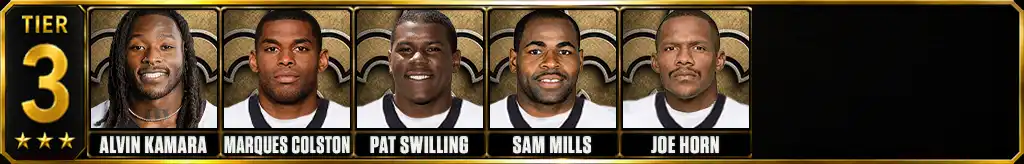 Tier 3 best New Orleans Saints of all-time featuring Alvin Kamara, Marques Colston, Pat Swilling, Sam Mills, and Joe Horn