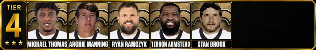 Tier 4 best New Orleans Saints of all-time featuring Michael Thomas, Archie Manning, Ryan Ramczyk, Terron Armstead, and Stan Brock