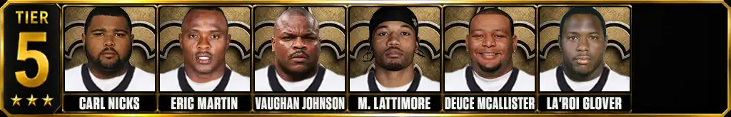 Tier 5 best New Orleans Saints of all-time featuring Carl Nicks, Eric Martin, Vaughan Johnson, Marshon Lattimore, Deuce McAllister, and La'Roi Glover