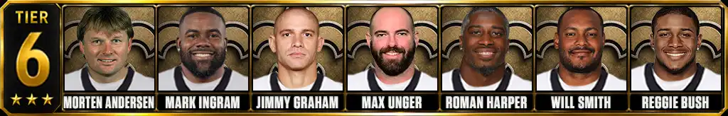 Tier 6 best New Orleans Saints of all-time featuring Morten Andersen, Mark Ingram, Jimmy Graham, Max Unger, Roman Harper, Will Smith, and Reggie Bush