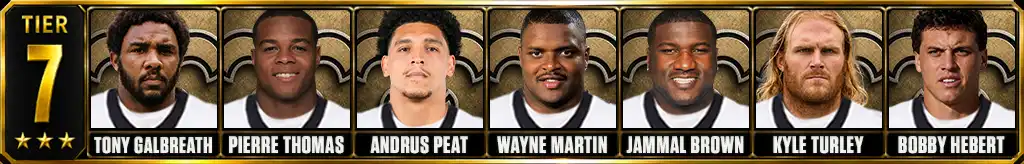 Tier 7 best New Orleans Saints of all-time featuring Tony Galbreath, Pierre Thomas, Andrus Peat, Wayne Martin, Jammal Brown, Kyle Turley, and Bobby Hebert