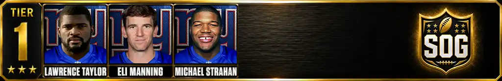 Tier 1 best New York Giants of all-time featuring Lawrence Taylor, Eli Manning, and Michael Strahan