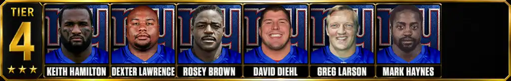 Tier 4 best New York Giants of all-time featuring Keith Hamilton, Dexter Lawrence, Rosey Brown, David Diehl, Greg Larson, and Mark Haynes