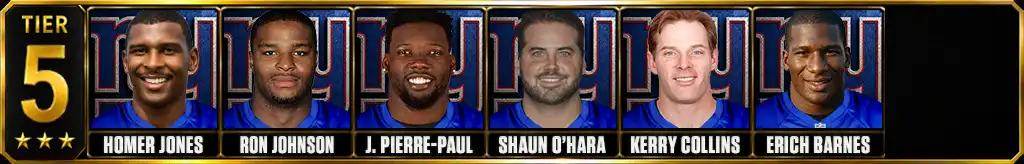 Tier 5 best New York Giants of all-time featuring Homer Jones, Ron Johnson, Jason Pierre-Paul, Shaun O'Hara, Kerry Collins, and Erich Barnes