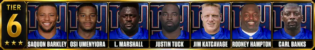 Tier 6 best New York Giants of all-time featuring Saquon Barkley, Osi Umenyiora, Leonard Marshall, Justin Tuck, Jim Katcavage, Rodney Hampton, and Carl Banks