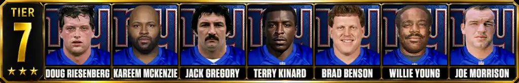 Tier 7 best New York Giants of all-time featuring Doug Riesenberg, Kareem McKenzie, Jack Gregory, Terry Kinard, Brad Benson, Willie Young, and Joe Morrison
