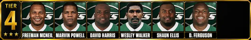 Tier 4 best New York Jets of all-time featuring Freeman McNeil, Marvin Powell, David Harris, Wesley Walker, Shaun Ellis, and D'Brickashaw Ferguson