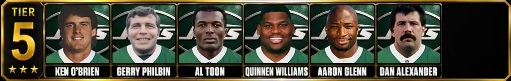 Tier 5 best New York Jets of all-time featuring Ken O'Brien, Gerry Philbin, Al Toon, Quinnen Williams, Aaron Glenn, and Dan Alexander