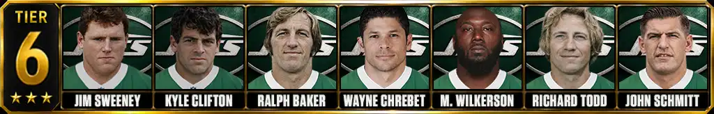 Tier 6 best New York Jets of all-time featuring Jim Sweeney, Kyle Clifton, Ralph Baker, Wayne Chrebet, Muhammad Wilkerson, Richard Todd, and John Schmitt