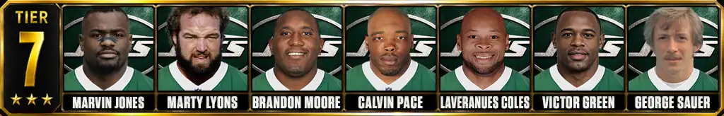 Tier 7 best New York Jets of all-time featuring Marvin Jones, Marty Lyons, Brandon Moore, Calvin Pace, Laveranues Coles, Victor Green, and George Sauer