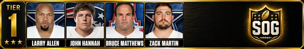 Tier 1 best offensive guards of all-time featuring Larry Allen, John Hannah, Bruce Matthews, and Zack Martin