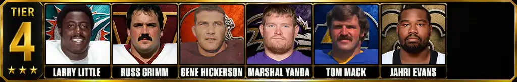 Tier 4 best offensive guards of all-time featuring Larry Little, Russ Grimm, Gene Hickerson, Marshal Yanda, Tom Mack, and Jahri Evans