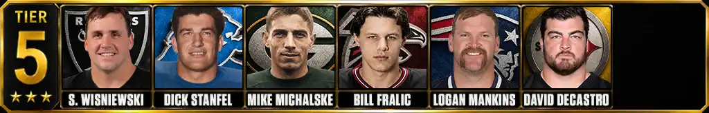 Tier 5 best offensive guards of all-time featuring Steve Wisniewski, Dick Stanfel, Mike Michalske, Bill Fralic, Logan Mankins, and David DeCastro