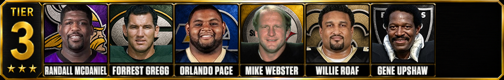 Tier 3 best offensive linemen of all-time featuring Randall McDaniel, Forrest Gregg, Orlando Pace, Mike Webster, Willie Roaf, and Gene Upshaw