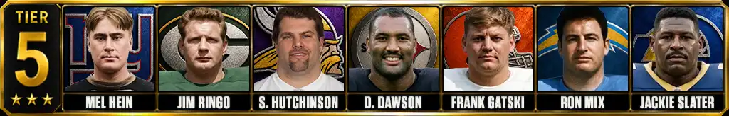 Tier 5 best offensive linemen of all-time featuring Mel Hein, Jim Ringo, Steve Hutchinson, Dermontti Dawson, Frank Gatski, Ron Mix, and Jackie Slater