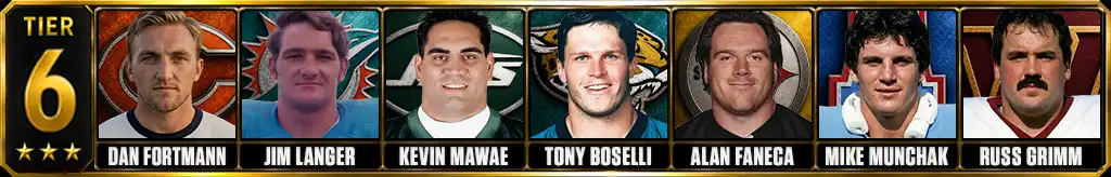 Tier 6 best offensive linemen of all-time featuring Dan Fortmann, Jim Langer, Kevin Mawae, Tony Boselli, Alan Faneca, Mike Munchak, and Russ Grimm