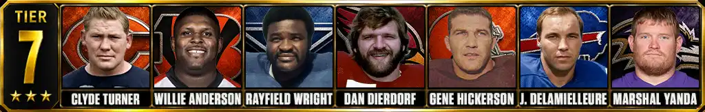Tier 7 best offensive linemen of all-time featuring Clyde Turner, Willie Anderson, Rayfield Wright, Dan Dierdorf, Gene Hickerson, Joe DeLamielleure, and Marshal Yanda