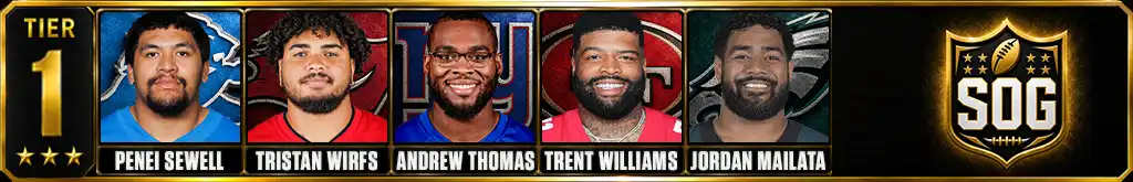 Best offensive tackles in the NFL today 2026 prediction Tier 1 featuring Penei Sewell, Tristan Wirfs, Andrew Thomas, Trent Williams, Jordan Mailata