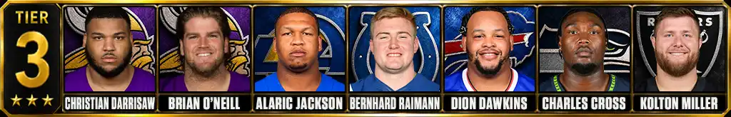 Best offensive tackles in the NFL today 2026 prediction Tier 3 featuring Christian Darrisaw, Brian O'Neill, Alaric Jackson, Bernhard Raimann, Dion Dawkins, Charles Cross, Kolton Miller