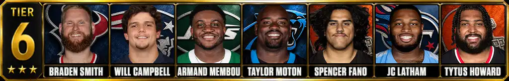 Best offensive tackles in the NFL today 2026 prediction Tier 6 featuring Braden Smith, Will Campbell, Armand Membou, Taylor Moton, Spencer Fano, JC Latham, Tytus Howard